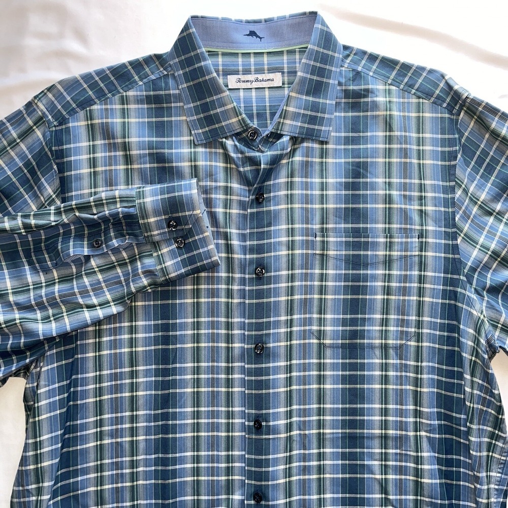 Tommy Bahama Blue Green Plaid Long‎ Sleeve Button Up Cotton Silk Mens L